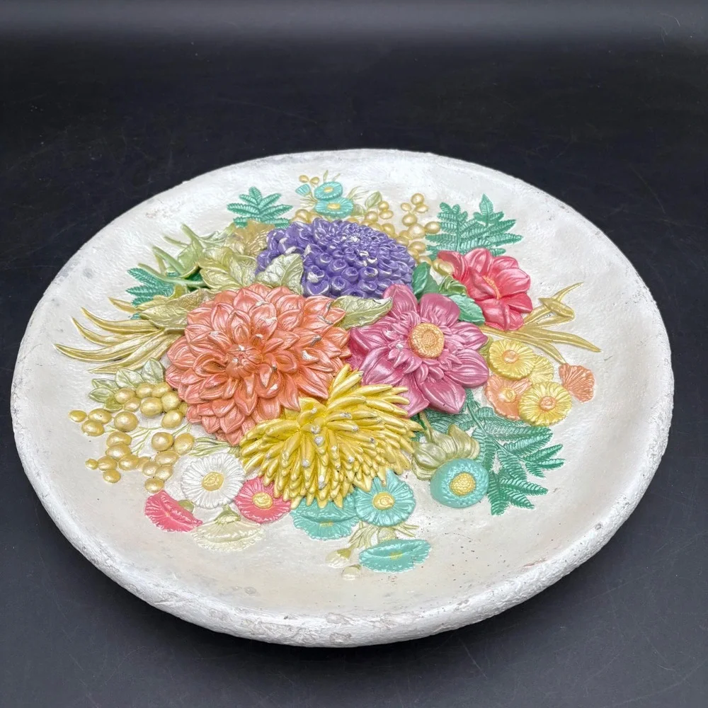 Vtg 3D Chalkware Floral Wall Plaque Dahlias Botanical Decor Cottagecore